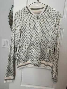 Anthropologie White Bomber Jacket with Green Floral Print